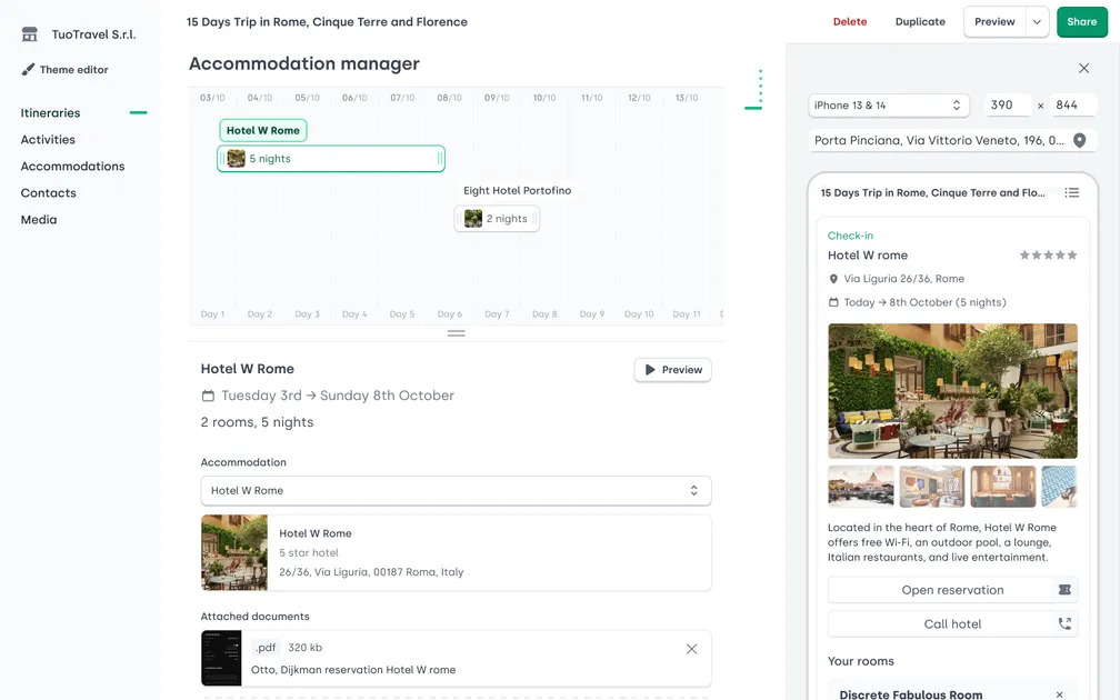 'Accommodation manager' section in the itinerary editor. Accommodations span horizontally over a calendar as resizable blocks, corresponding to the length of the stay. Below this calendar, there is a form to edit the accommodation, the rooms or attach documents (like a reservation). On the right, the preview shows the corresponding check-in section on an iPhone.