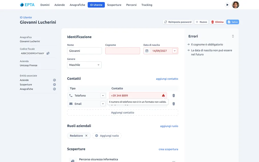 Detail view the 'user id' entity with some form errors. The right column now lists those errors on the same line.