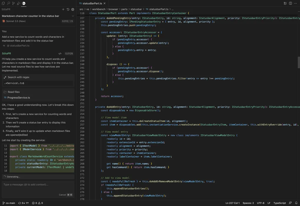 The agent uses regex and reading of source files to replicate existing design patterns.