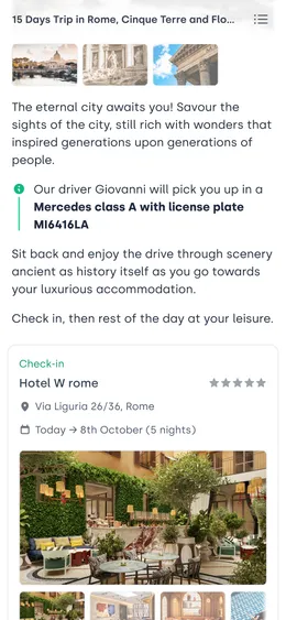 Itinerary first activity. Welcomes user to destination, and highlights name and license plate of the drivers that will pick them up.