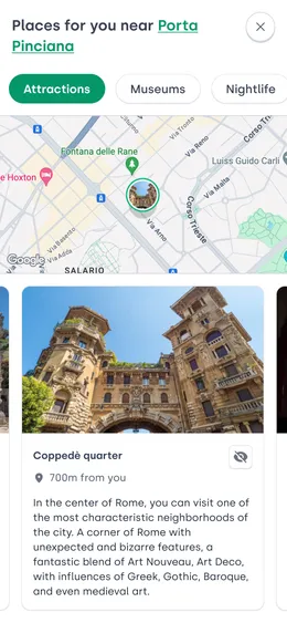 'Near you' activity selected. The selected activity is in the center of the map. The description and distance of the activity is listed below.