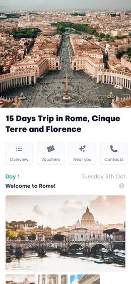Itinerary top page. From top to bottom: cover image, title, quick links and the first day's activity. Quick links include: 'Overview for table of contents, 'Vouchers', 'Near you' and 'Contacts' to show contact people's information and useful numbers.
