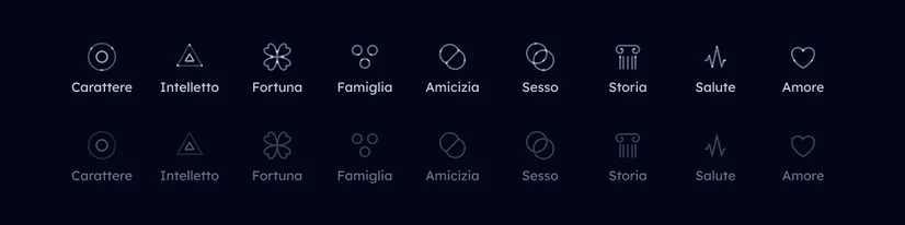 Two rows of vector icons representing different topics, such as 'character', 'intellect', or 'fortune'. When active (first row) they are bright and contain shining dots.